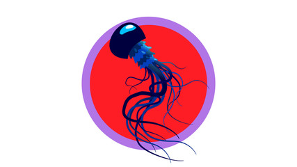 Jellyfish on red background. Attention of poison, toxic medusas