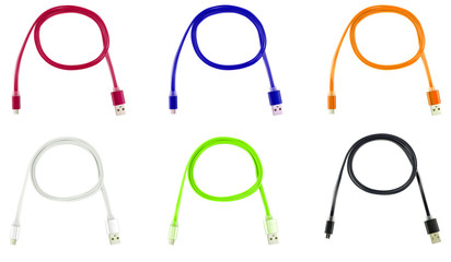 Six multi-colored usb cables on a white isolated background