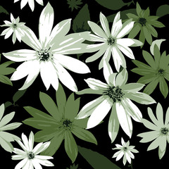 Design of abstract wildflowers on a dark background. Flowering garden. Seamless pattern of elegant  white flowers. Floral light green background for textile, fabric, wallpapers, covers, print.