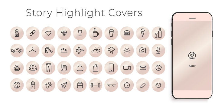 Instagram Highlights Stories Covers line Icons. Perfect for bloggers. Set of 40 highlights covers. Fully editable vector file