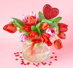 Bouquet of Fresh Tulips in a Glass Vase.