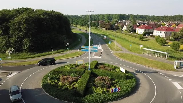 Drone view of a roundabout in Dronten, Flevoland, The Netherlands. Pull out shot.