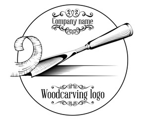 Woodcarving logotype Illustration with a chisel, cutting a wood slice, vintage style logo, black and white isolated engraving
