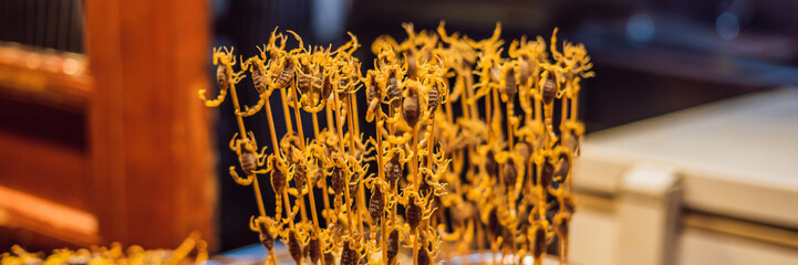 Fried scorpions in Wangfujing night market of Beijing, China BANNER, LONG FORMAT