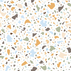 Colorful Terrazzo vector seamless pattern background on white. Granite and quartz rocks mixed chips look print. Trendy texture for home decor, products surface, etc.