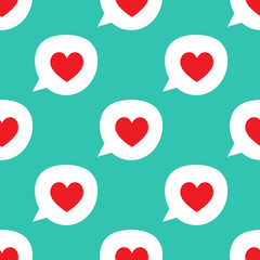 Repetitive speech bubbles with hearts. Romantic seamless pattern. Blue, white, red.
