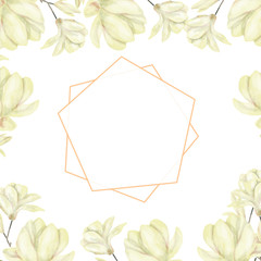 Wedding Invitation, floral invite card, olive floral and magnolia geometric golden frame print. White background.