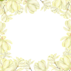 Obraz premium Wedding Invitation, floral invite card, olive floral and magnolia geometric golden frame print. White background.