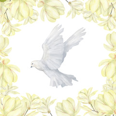 Wedding Invitation, floral invite card, peace dove and magnolia geometric golden frame print. White background.