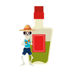 skeleton mexican with hat and tequila bottle