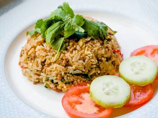 Thai fried rice with spicy Tom Yum sauce and minced pork, (Selective Focus), Thai street food, homemade food.