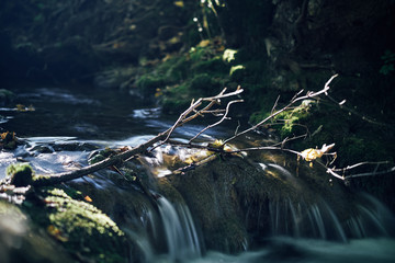Long exposure of a river creek with a small waterfall. Sunset and strong detail bokeh view. blue calm warm water
