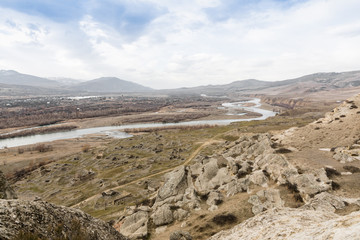 Panoramic view from the old cave city Uplistsikhe. Georgia