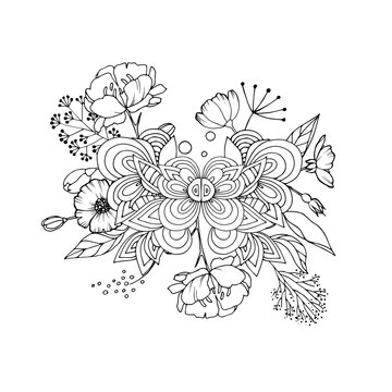 Vintage floral highly detailed hand drawn rose flower stem with roses and leaves. Victorian Motif, tattoo design element. Bouquet concept art. Isolated vector illustration in line art style