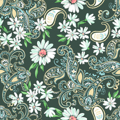 Paisley and Daisies seamless background
