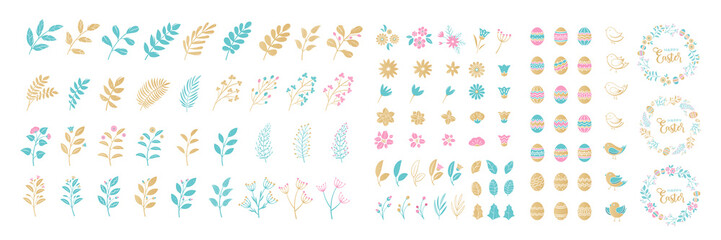 Set of Easter elements for typographic design. Wreaths, leaves, branches, berries, birds, flowers, eggs. Vector illustration in cartoon style.