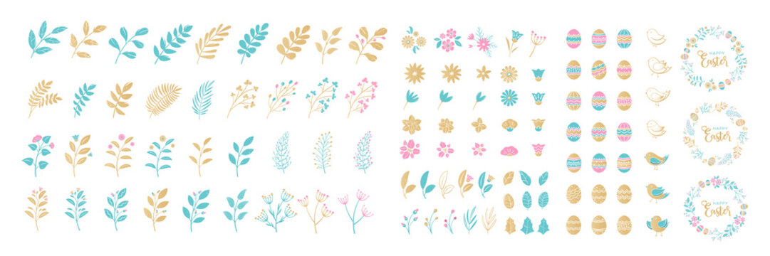 Set of Easter elements for typographic design. Wreaths, leaves, branches, berries, birds, flowers, eggs. Vector illustration in cartoon style.