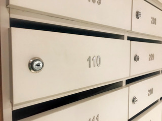 Mailboxes in an apartment building.