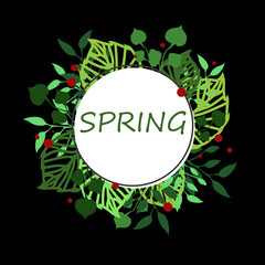 Vector illustration. Plant and flower wreath or frame for spring holidays on black background. Flat design.