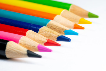 Obraz premium Colored sharpener pencils. Macro shot of many color pencils. 