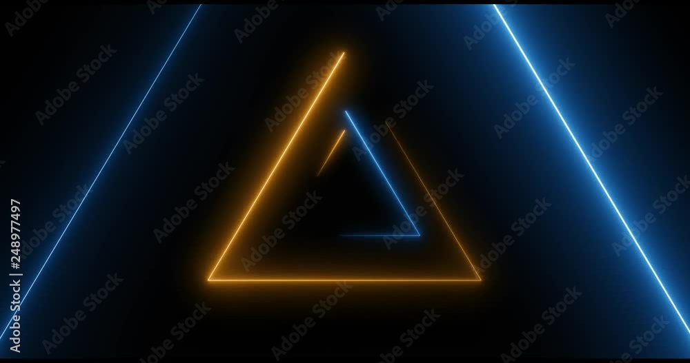 Poster abstract background with neon orange & blue triangles creating a tunnel able to be played in a seaml