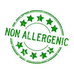 Grunge green non allergenic word with star icon round rubber seal stamp on white background