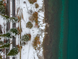 Aerial view of Nahuel Huapi lake after a snowfall, San Carlos de Bariloche, Argentina