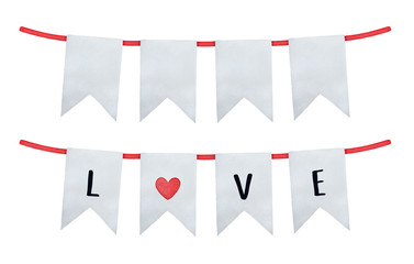 Obraz premium Hanging garland with 4 decorative flags and red festive rope. Two variations: with text inscription 