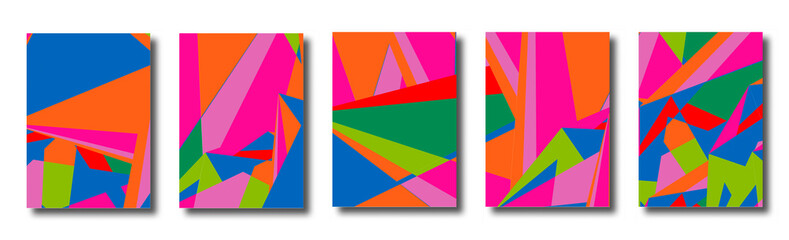 Abstract set of backgrounds with colorful chaotic triangles, polygons. Geometric posters, covers. Vector illustration.      