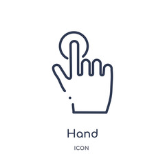 hand icon from signs outline collection. Thin line hand icon isolated on white background.