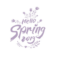 Beautiful modern inscription Hello Spring 2019 and painted Spring flowers. Vector hand drawn illustration Spring pattern.