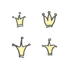 Set of vector crown icons. Cartoon style graphics. Crown four handwritten icons.