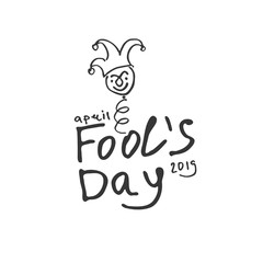 Fools Day. Cartoon style graphics marker drawn logo with a jester on a spring. Handwritten logo for fool's day. Vector template.