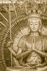 Golden statue of Guan Yin with 1000 hands. Guanyin or Guan Yin is an East Asian bodhisattva associated with compassion as venerated by Mahayana Buddhists and known as the "Goddess of Mercy" in English