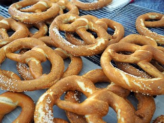 A few of Pretzel, crackers, fresh and fragrant, tasty warm, crusty French, german bread, bakery