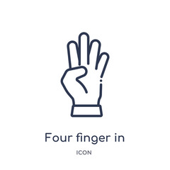 four finger in hand icon from shapes outline collection. Thin line four finger in hand icon isolated on white background.