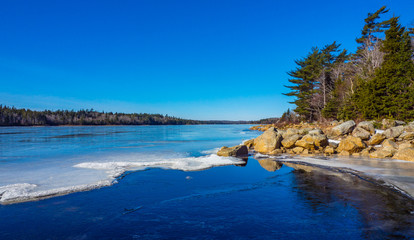 sea and rocks on a sunny day in winter, Canada, ice, cold