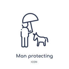 man protecting a dog with an umbrella icon from people outline collection. Thin line man protecting a dog with an umbrella icon isolated on white background.