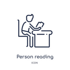 Fototapeta premium person reading at the office icon from people outline collection. Thin line person reading at the office icon isolated on white background.