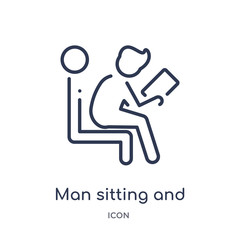 man sitting and reading book icon from people outline collection. Thin line man sitting and reading book icon isolated on white background.