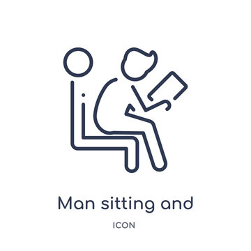 Man Sitting And Reading Book Icon From People Outline Collection. Thin Line Man Sitting And Reading Book Icon Isolated On White Background.