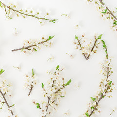 Floral pattern with spring flowers on white background. Flat lay, top view. Spring background.