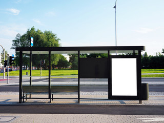 Bus tram stop, shelter, white empty place for street ads, advertisement board, mock up, mockup,...