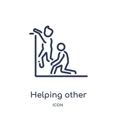 helping other to jump icon from people outline collection. Thin line helping other to jump icon isolated on white background.