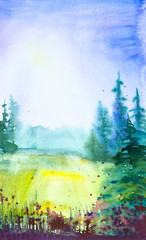 Watercolor illustration of a beautiful summer forest landscape