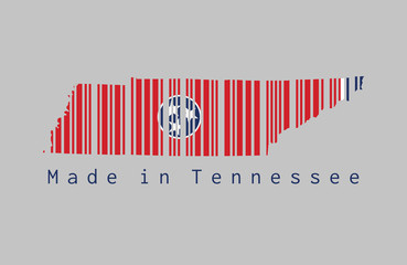 Barcode set the shape to Tennessee map outline and the color of Tennessee flag on grey background, text: Made in Tennessee.
