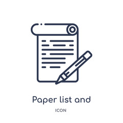 paper list and a pencil icon from other outline collection. Thin line paper list and a pencil icon isolated on white background.