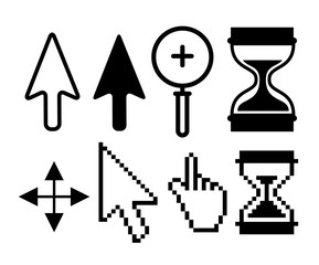 Fototapeta na wymiar set arrow with hourglass and magnifying glass cursor
