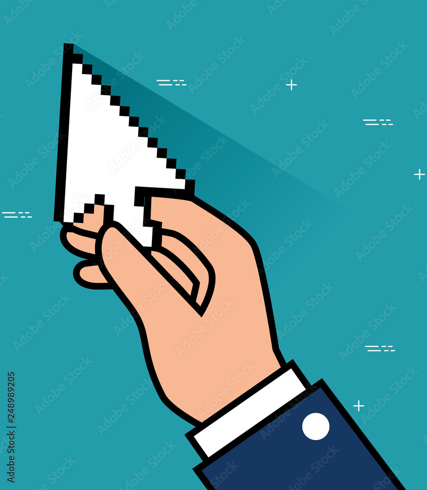 Poster mouse arrow pixel cursor in the hand