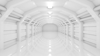 White long corridor of industrial building. Tunnel with lamps and reflection on the floor. 3d render.
